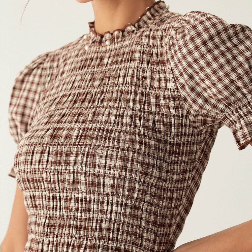 Rihoas Coffee Plaid Puffed Sleeve Mini Dress - Picture 2 of 6